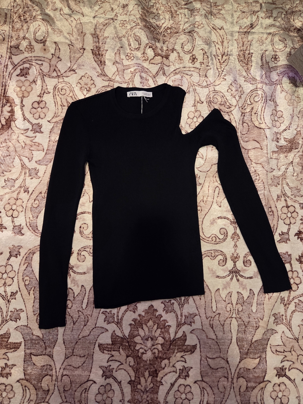 Zara Black Ribbed Crewneck Long Sleeve Top
